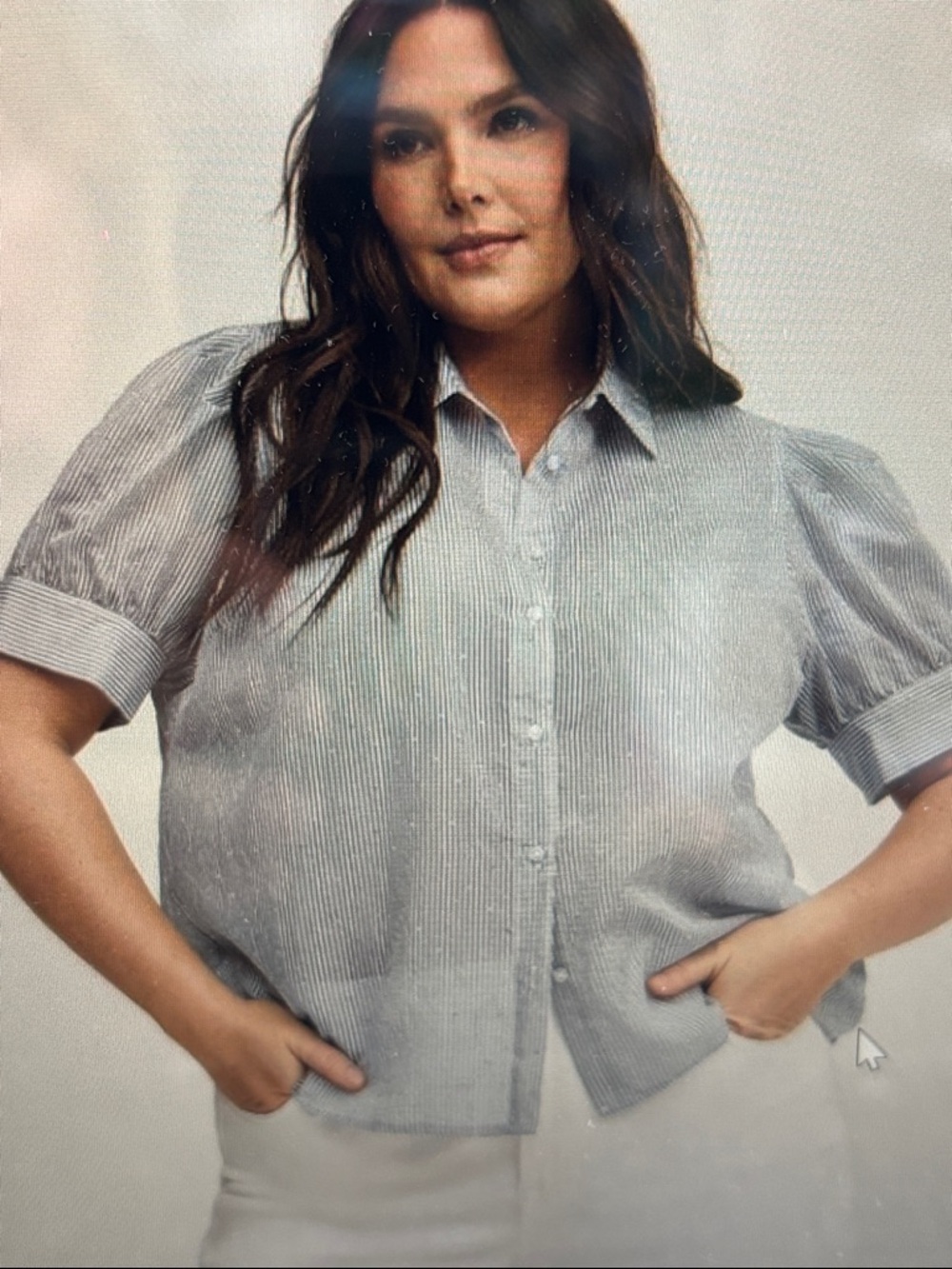 Rhinestone Pinstriped Puff-Sleeve Shirt